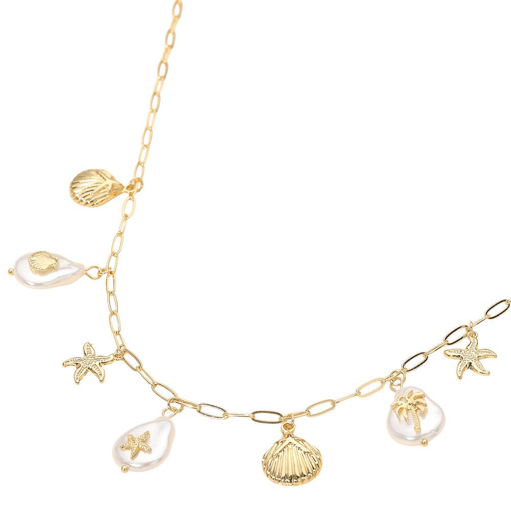 Starfish Shell Palm Tree Pearl Charm Station Paperclip Chain Necklace
