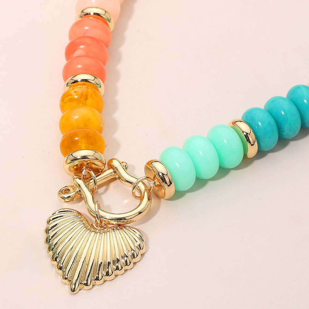 Textured Metal Heart Carabiner Pendant Colorful Chunky Beaded Statement Necklace
