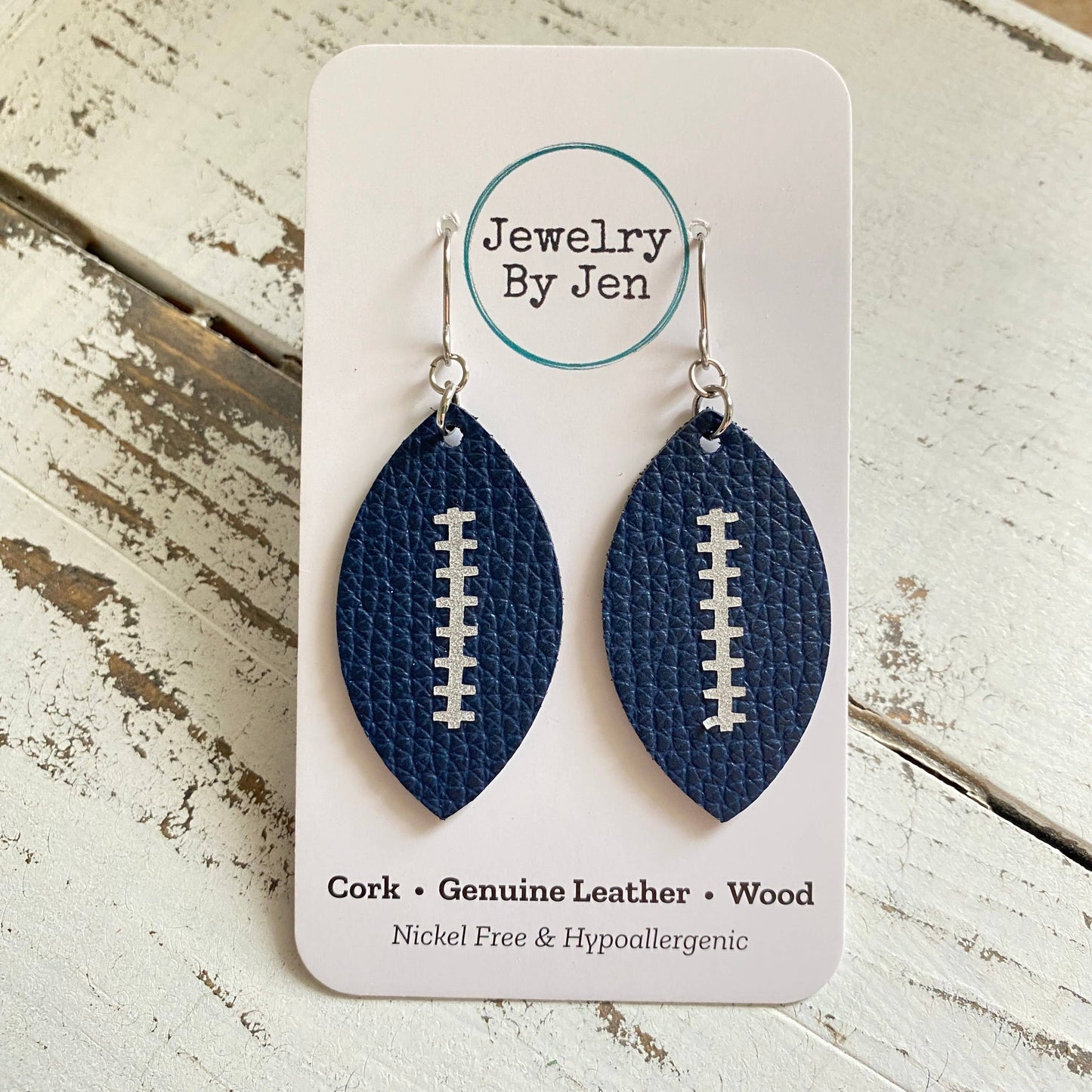 Football Earrings (Medium): Navy w/Silver Stitches