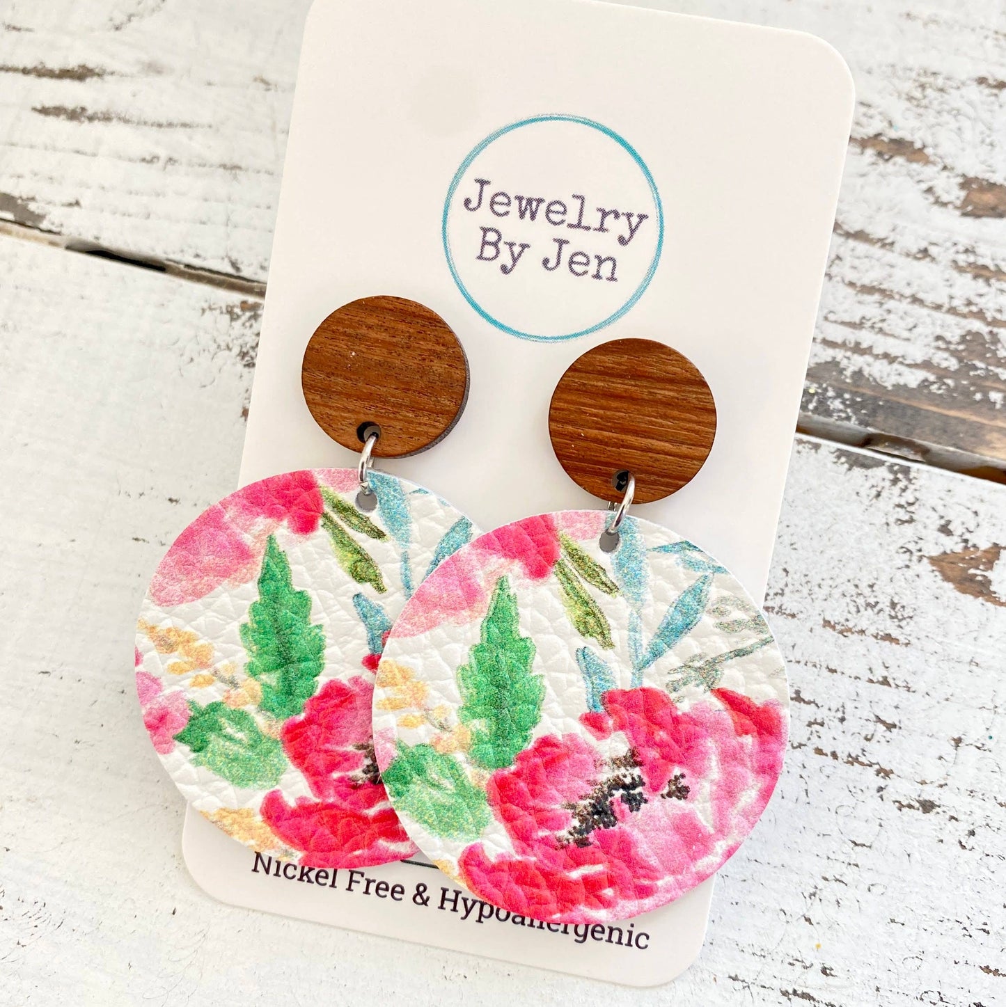 Wood Stud Earring: Watercolor Peonies & Roses