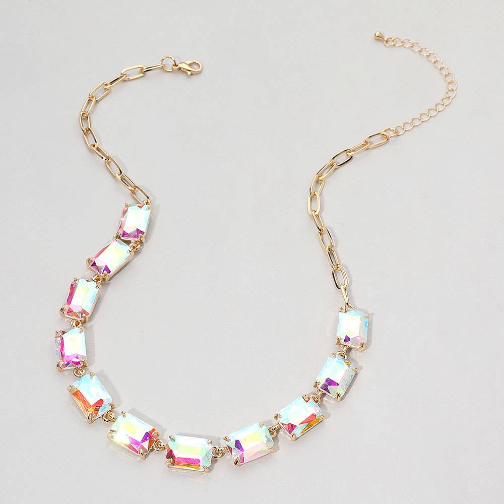 Cushion Rectangular Stone Cluster Link Evening Necklace