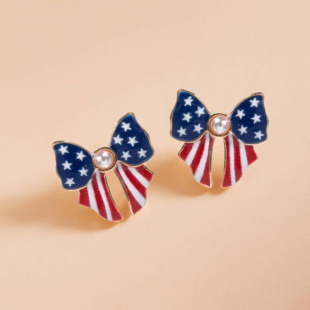 Pearl Pointed Enamel American USA Flag Bow Stud Earrings