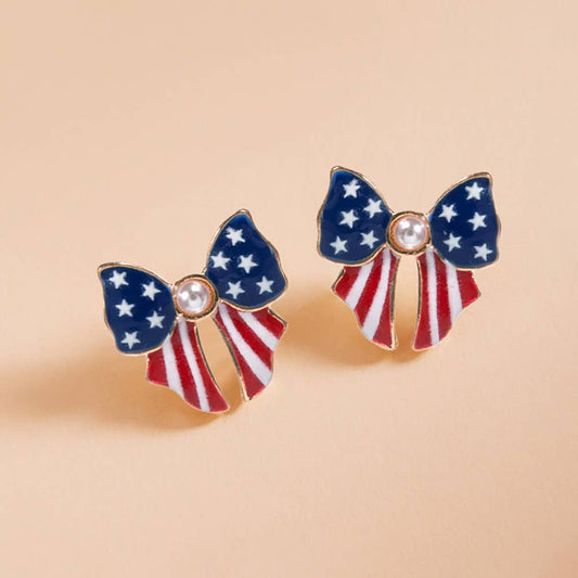 Pearl Pointed Enamel American USA Flag Bow Stud Earrings