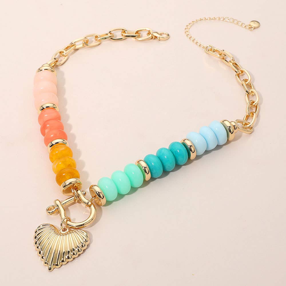 Textured Metal Heart Carabiner Pendant Colorful Chunky Beaded Statement Necklace