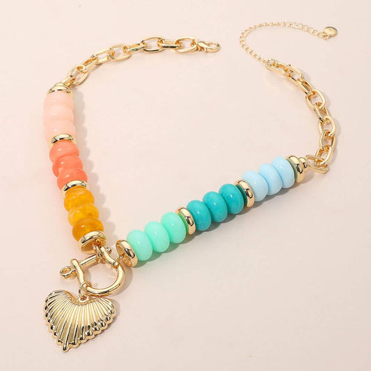 Textured Metal Heart Carabiner Pendant Colorful Chunky Beaded Statement Necklace